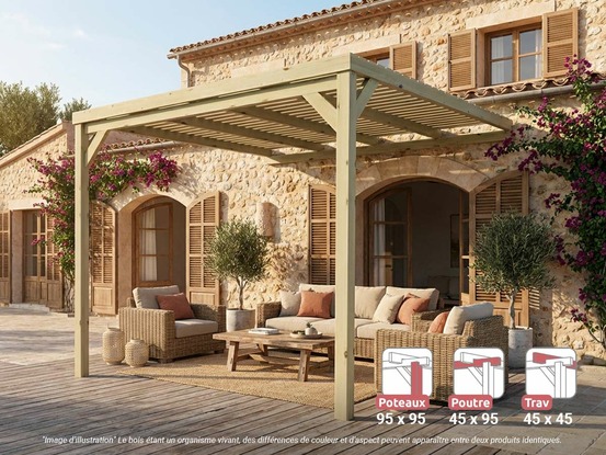 Pergola adossée en bois montpellier 300 x 300 cm + 2 supports surélevés