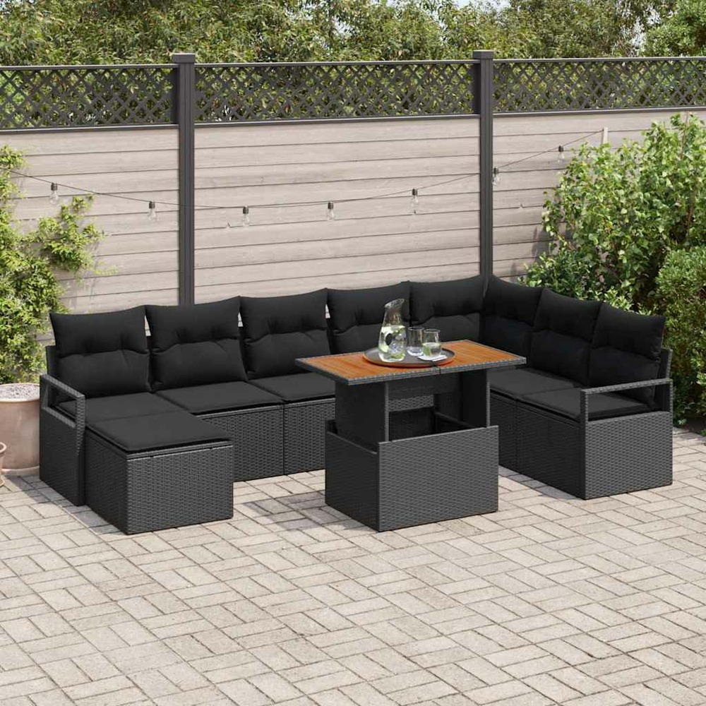 Ensemble de canapé de jardin 9 pcs noir poly rotin