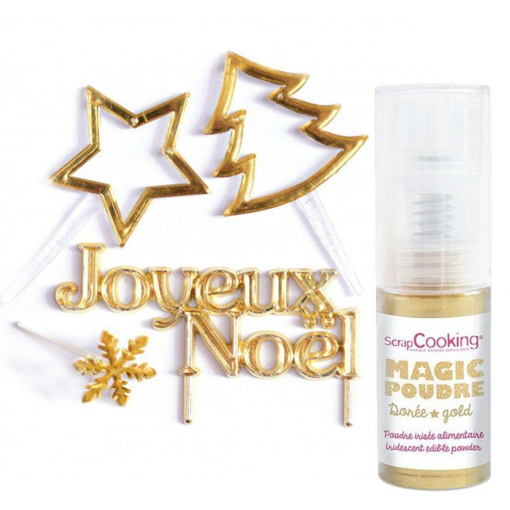 4 accessoires de noël dorés + poudre alimentaire irisée dorée