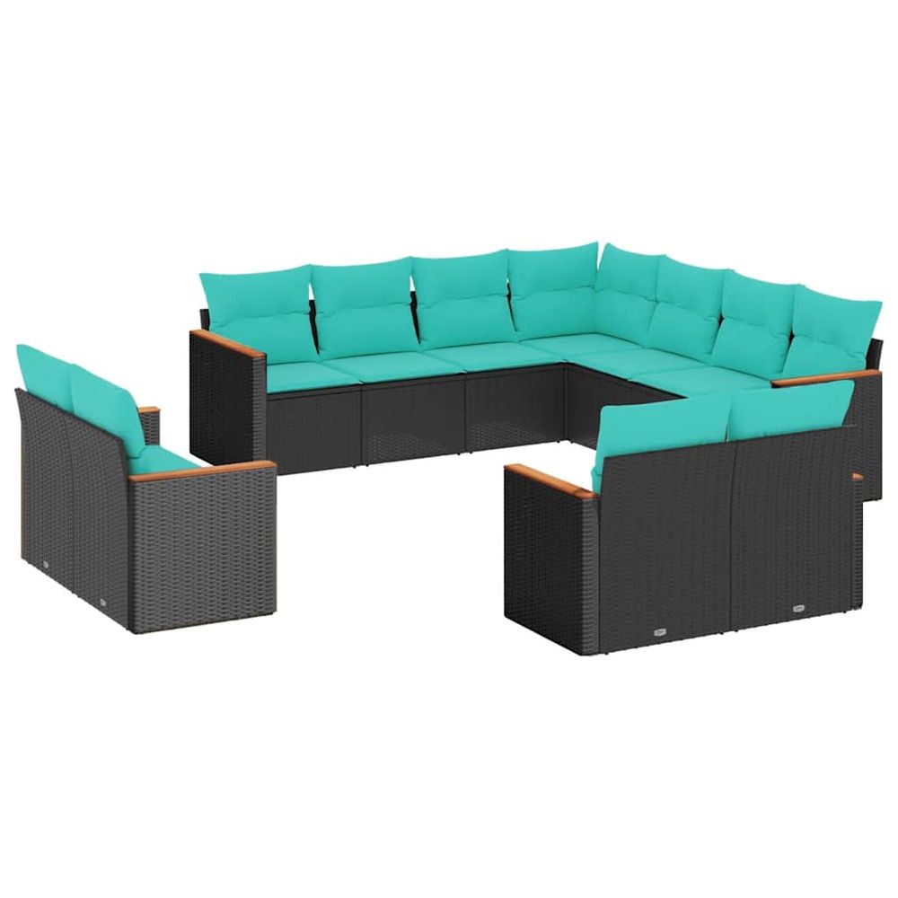 Salon de jardin 11 pcs avec coussins noir résine tressée