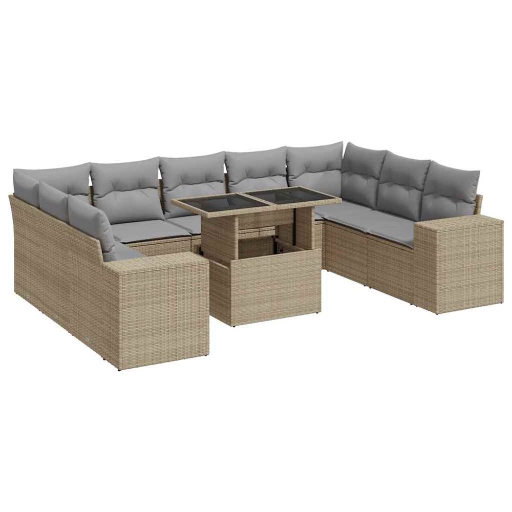 Salon de jardin avec coussins 10 pcs beige résine tressée