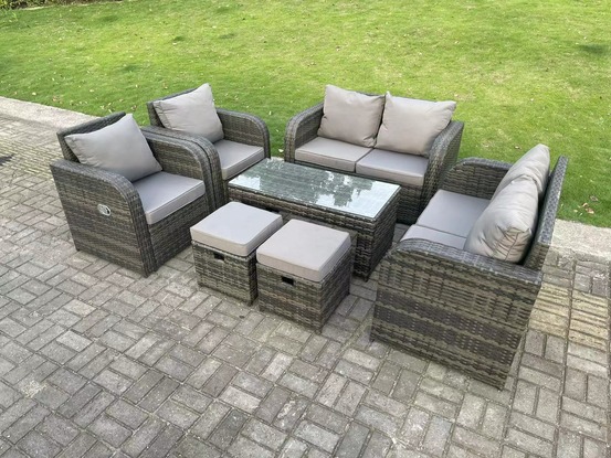 Ensemble de meubles de jardin en rotin ave 2 canapé d'amour table basse 2 chaises inclinable 2 tabourets mélange gris foncé