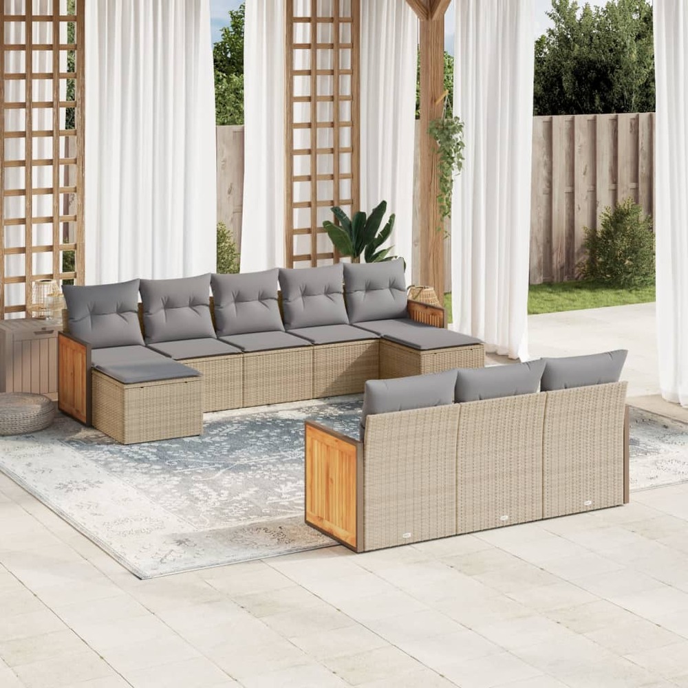 Salon de jardin avec coussins 10 pcs beige résine tressée