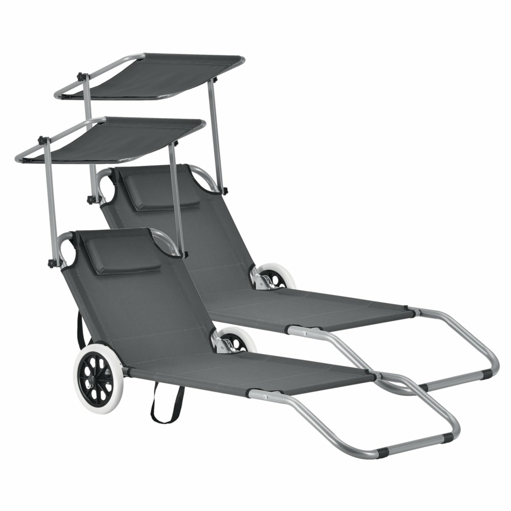 Lot de 2 transat avec brise-soleil et avec roulettes bain de soleil polyester et acier revêtu par poudre 146 x 52 x 15 cm gri