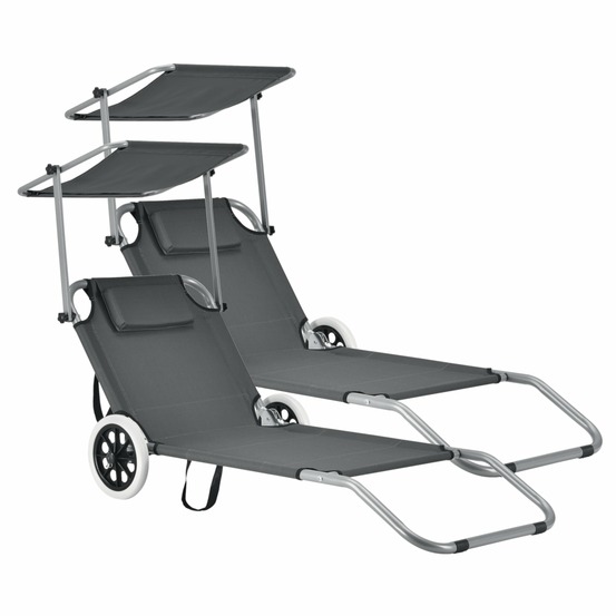 Lot de 2 transat avec brise-soleil et avec roulettes bain de soleil polyester et acier revêtu par poudre 146 x 52 x 15 cm gri