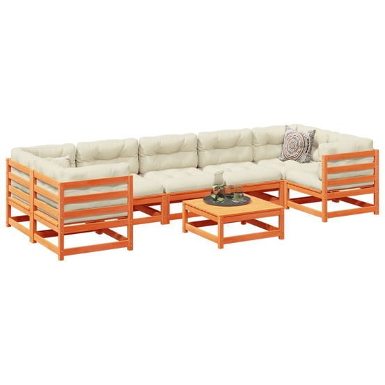 Salon de jardin 8 pcs avec coussins marron cire bois pin massif