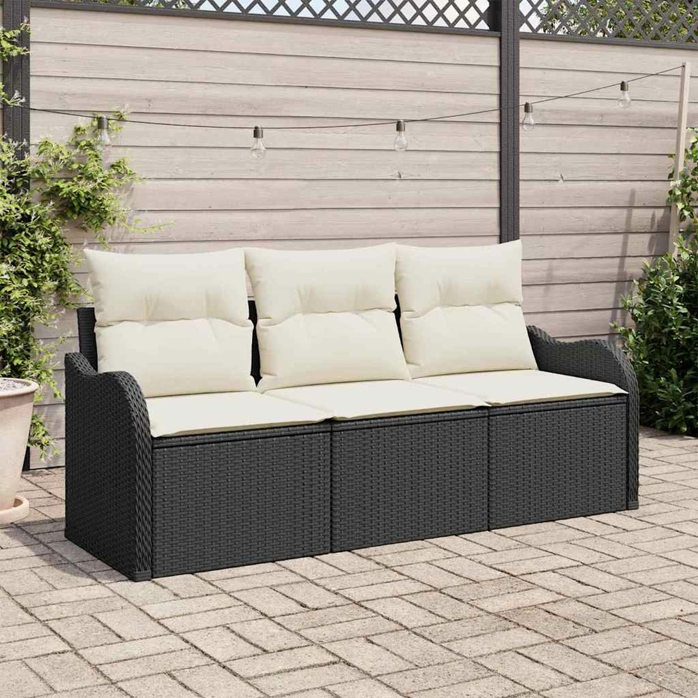 Ensemble de canapé de jardin avec coussin 3 pcs noir polyrotin