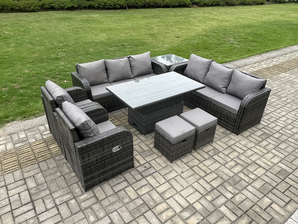 Ensemble de salle à manger jardin en rotin ave table à manger réglable en hauteur chaises inclinable canapé tabourets