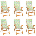 Chaises de jardin 6 pcs et coussins motif feuilles bois de teck