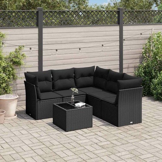 Salon de jardin 6 pcs avec coussins noir résine tressée