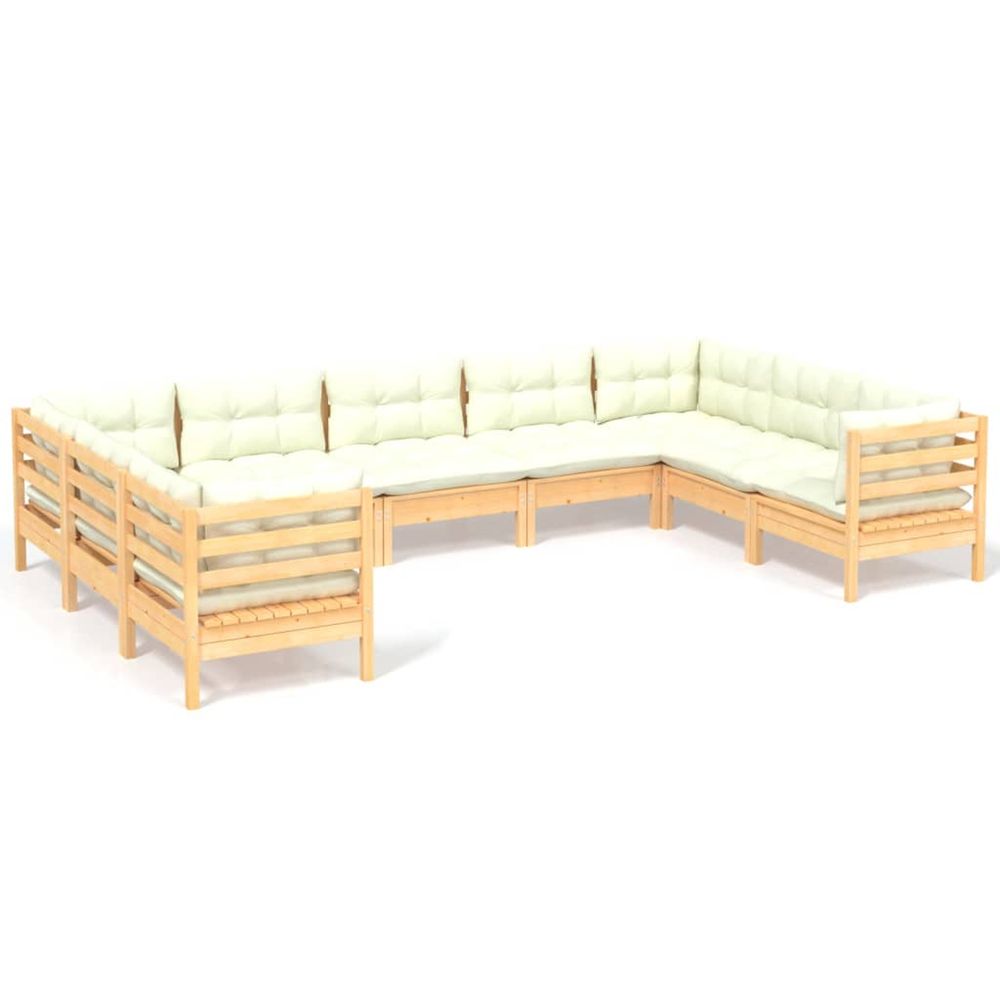 Salon de jardin 9 pcs avec coussins crème bois de pin