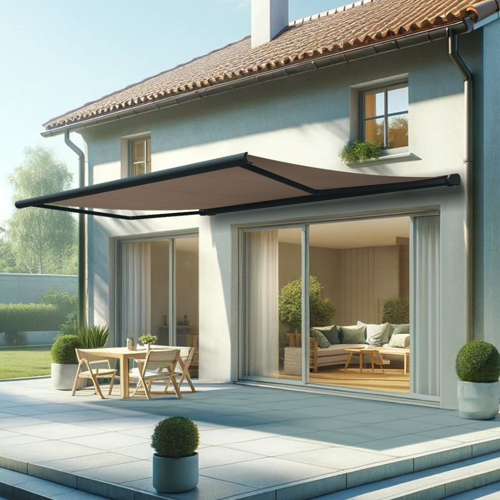 Store banne coffre intégral hevoa 5,00x3,50 m (manuelle - gris anthracite stucturé ral7016st - taupe)