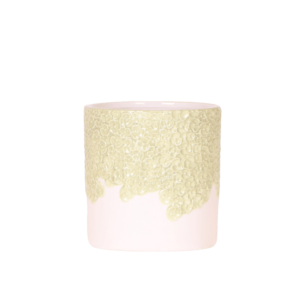 Cache-pot céramique en relief floral - courbes douces et coloris tendres - pot de 9cm - vert