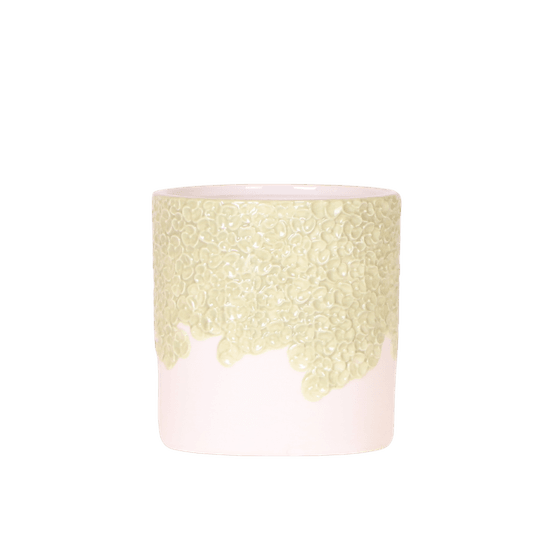 Cache-pot céramique en relief floral - courbes douces et coloris tendres - pot de 9cm - vert