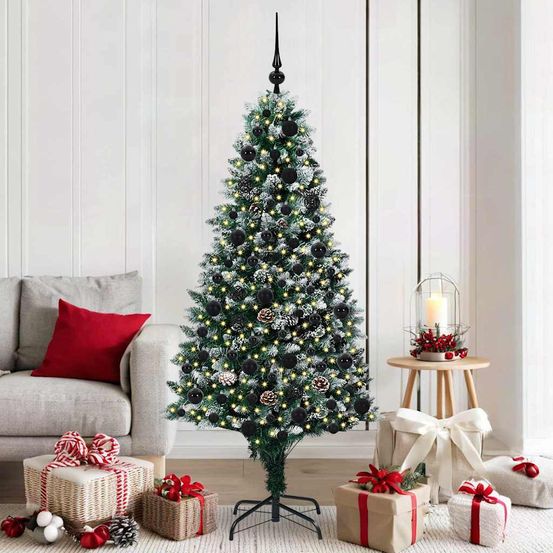 Kit sapin de noël artificiel 180 cm avec 950 branches, 300 led et 61 boules rouge/or