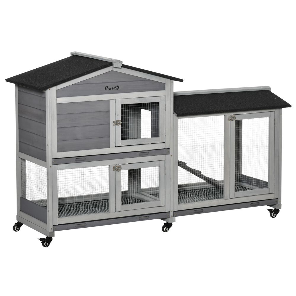 Clapier lapin bois 157,4 x 53 x 99,5 cm gris sur roulettes avec enclos et rampe