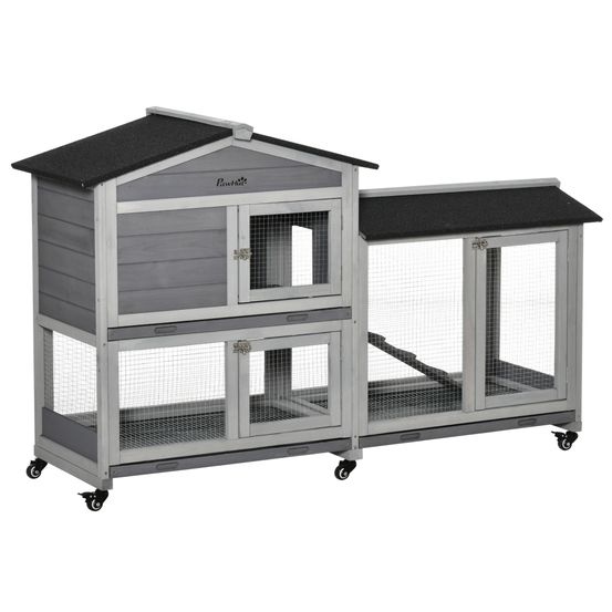 Clapier lapin bois 157,4 x 53 x 99,5 cm gris sur roulettes avec enclos et rampe