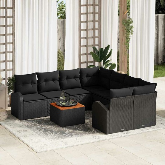 Ensemble de canapé de jardin avec coussin 9 pcs noir polyrotin
