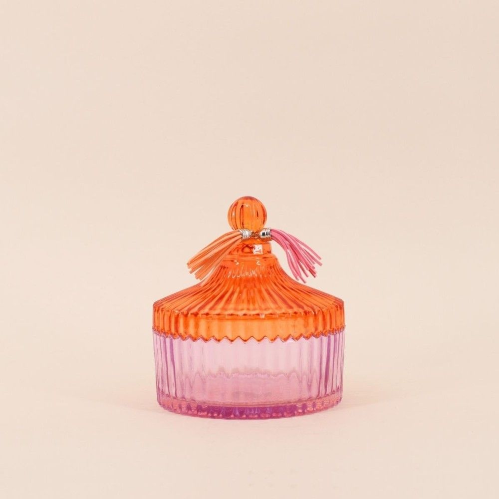Boîte avec couvercle en verre coloré strié 14x15cm