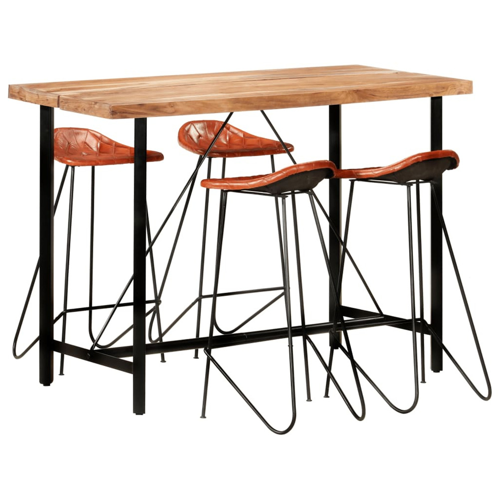 Ensemble de bar 5 pcs bois solide et cuir véritable