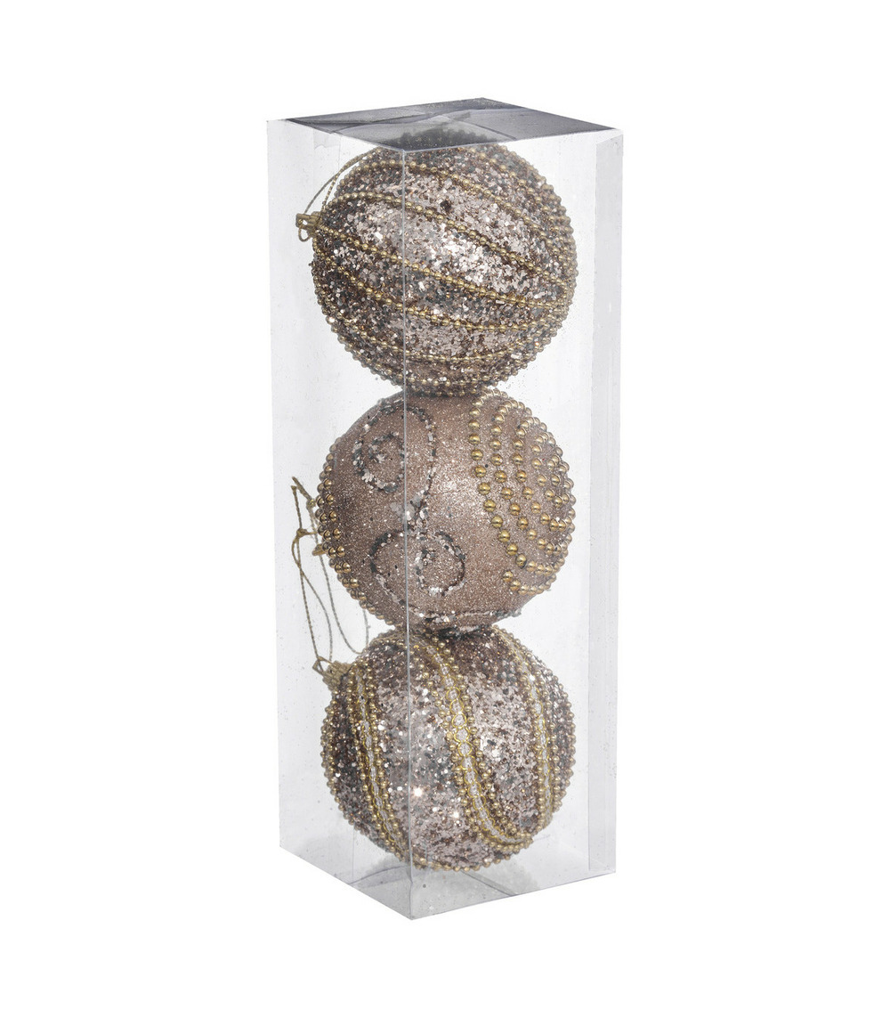 Déco de sapin lot de 3 boules de noël d 8 cm champagne avec perles et paillettes