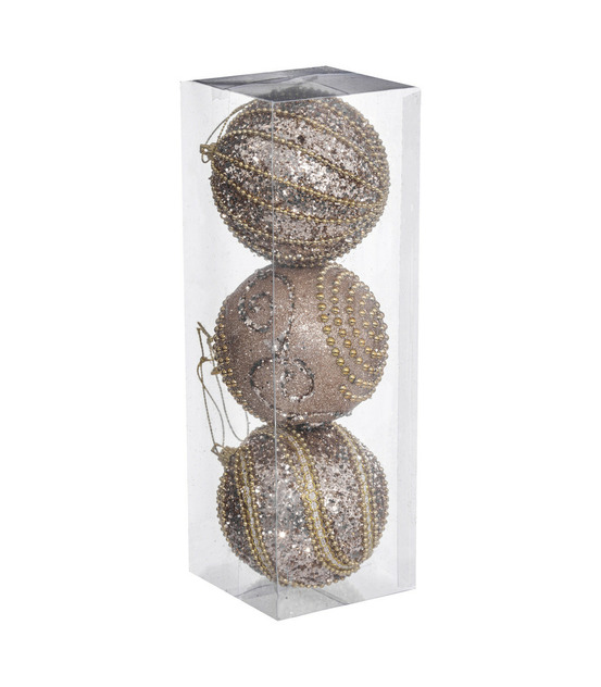 Déco de sapin lot de 3 boules de noël d 8 cm champagne avec perles et paillettes