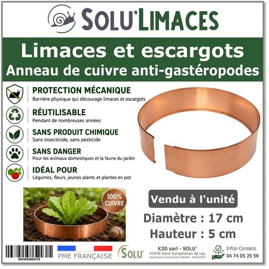 Anneau de cuivre anti-limaces et escargots solu'limaces - 17 cm - protection des salades, fraisiers, aromatiques, potager
