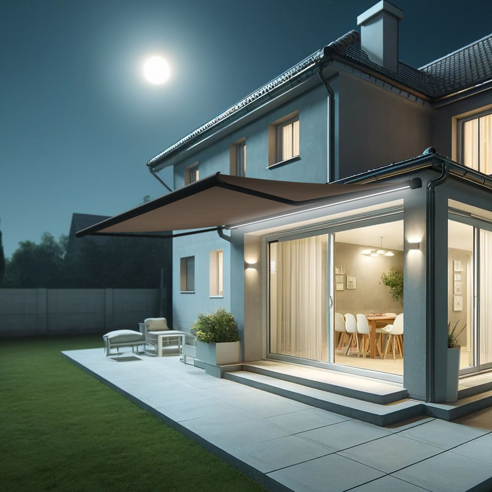 Store banne coffre intégral hevoa 5,00x3,50 m (motorisé secours à télécommande + led - gris anthracite stucturé ral7016st - taupe)