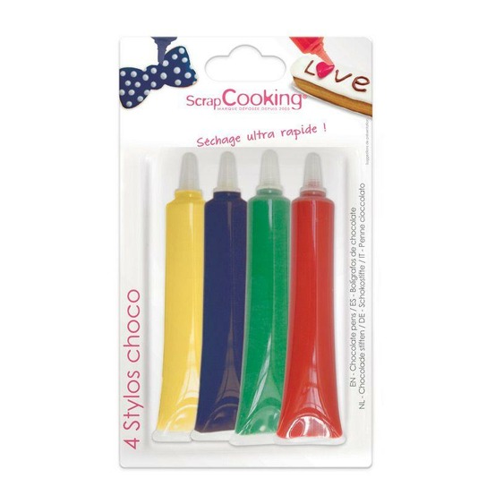 4 stylos chocolat - rouge, bleu, vert, et jaune - 4 x 25 g