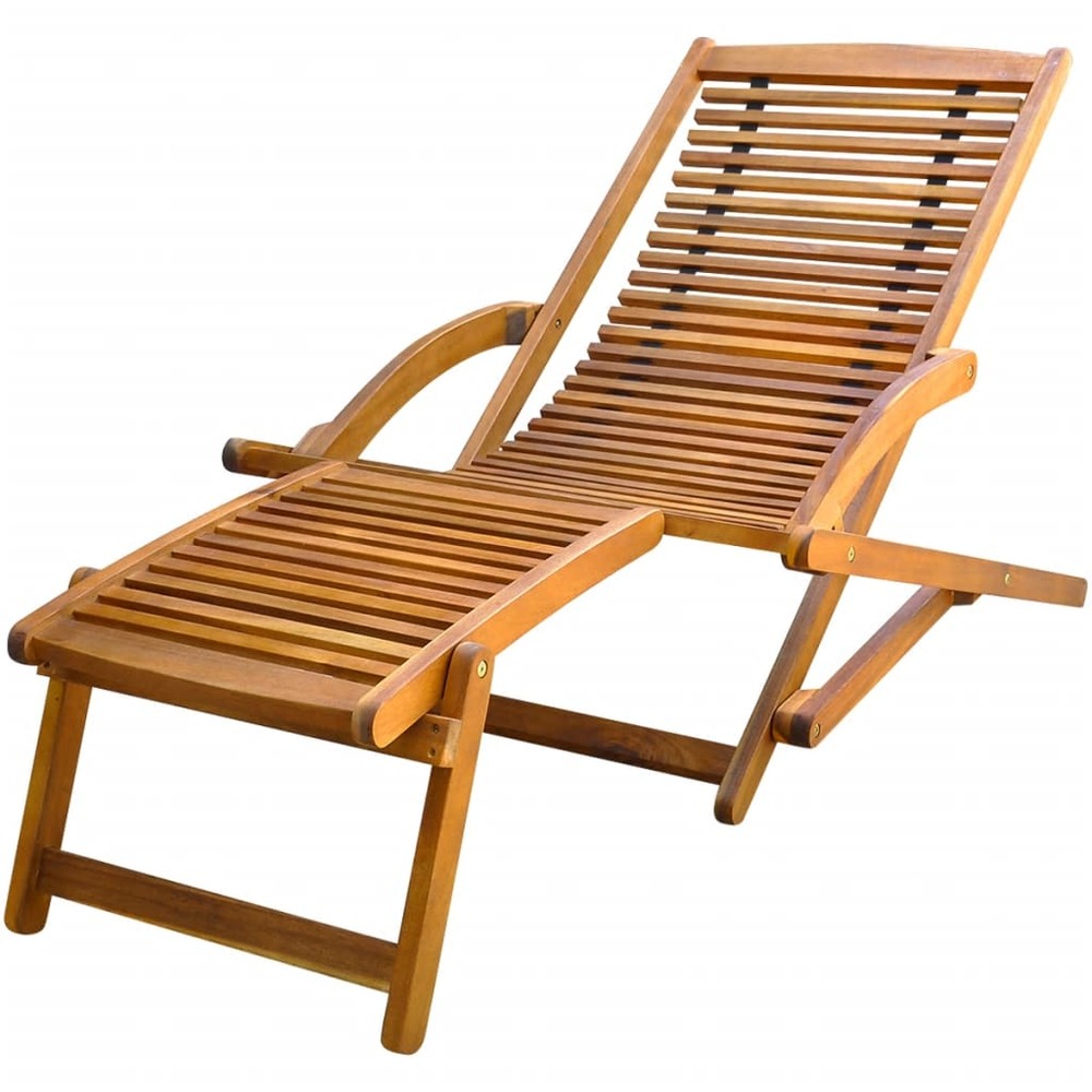 Transat chaise longue bain de soleil lit de jardin terrasse meuble d'extérieur avec repose-pied bois d'acacia solide 02_00125