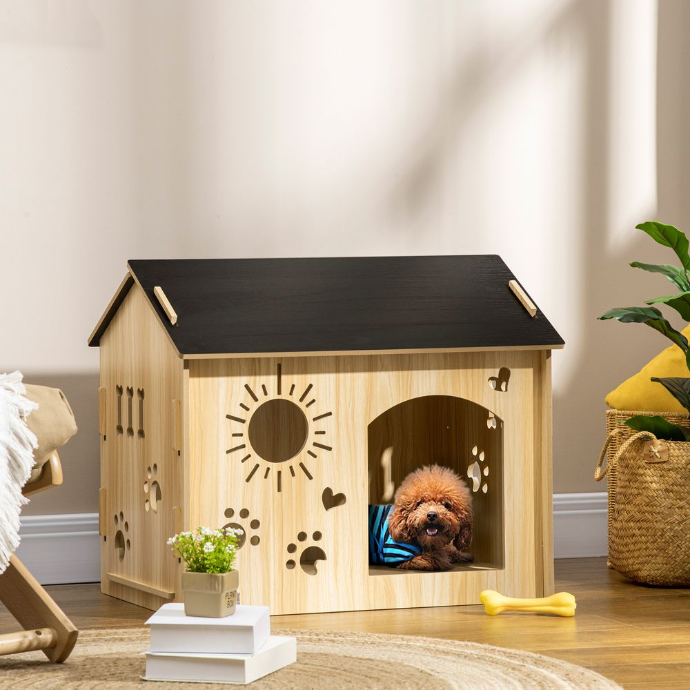 Niche pour chien en mdf chêne et noir 69 x 50 x 58,5 cm abri extérieur ventilé résistant aux intempéries