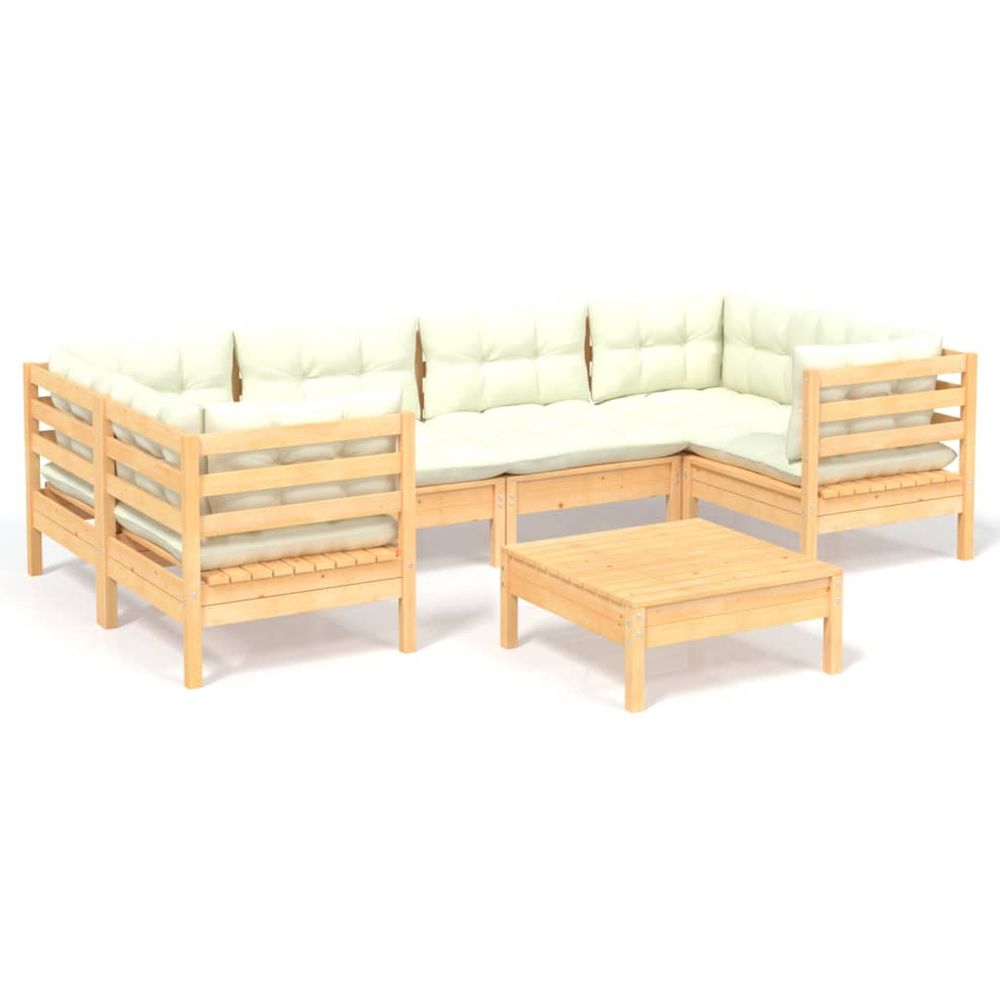 Salon de jardin 7 pcs avec coussins crème bois de pin