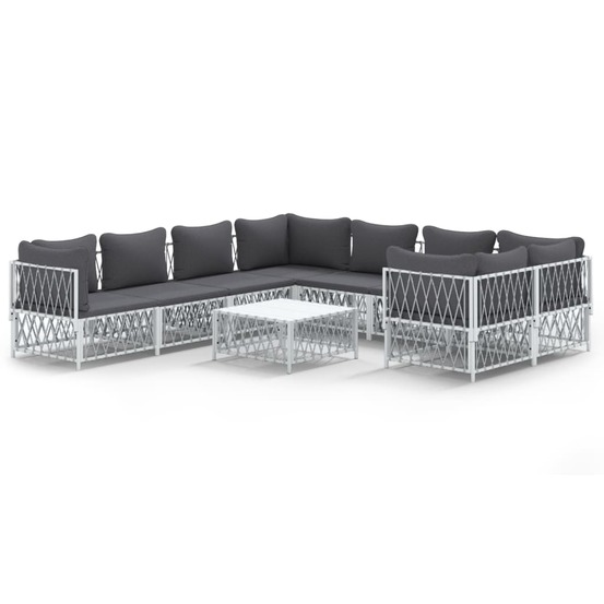 Salon de jardin avec coussins 9 pcs blanc acier