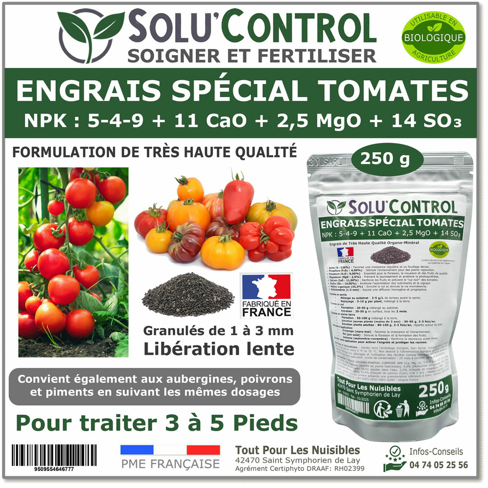 250 g engrais spécial tomates, aubergines, poivrons, piments - solucontrol - formulation haute qualité organo-minerale - uab