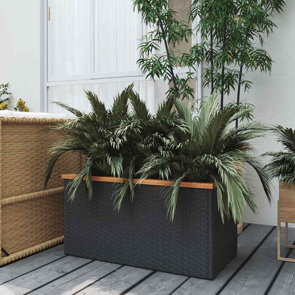 Jardinière basse rectangulaire poly rotin cadre métallique robuste pour culture fleurs et aromates noir 80 cm