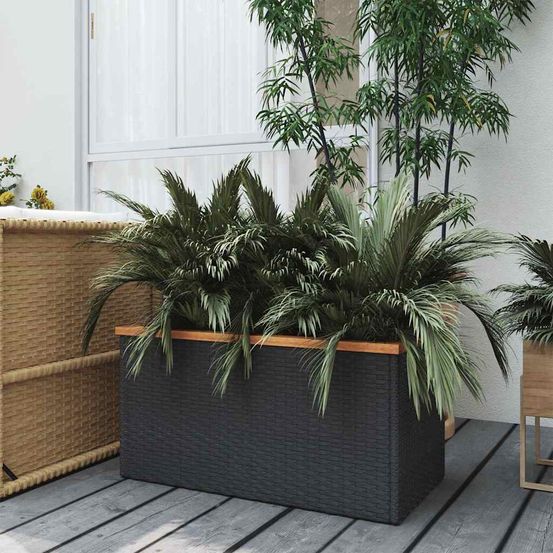Jardinière basse rectangulaire poly rotin cadre métallique robuste pour culture fleurs et aromates noir 80 cm