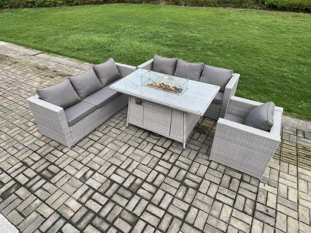 7 places ensemble meuble de jardin en rotin ave 2 canapé et fauteuil pour pelouse terrasse intérieure gris clair