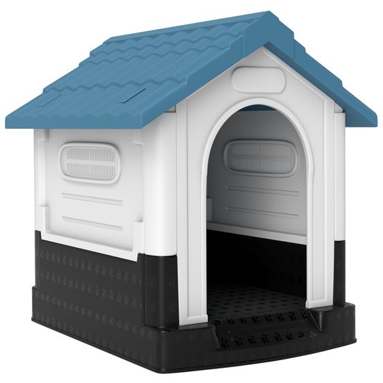 Niche cottage plastique pp pour petit chien avec toit en pente 64x57x66cm blanc bleu