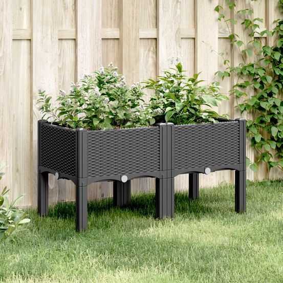 Jardinière sur pieds pp pour balcon terrasse aspect rotin 80x40x42 cm noir