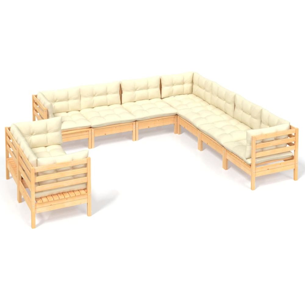 Salon de jardin 9 pcs avec coussins crème bois de pin massif