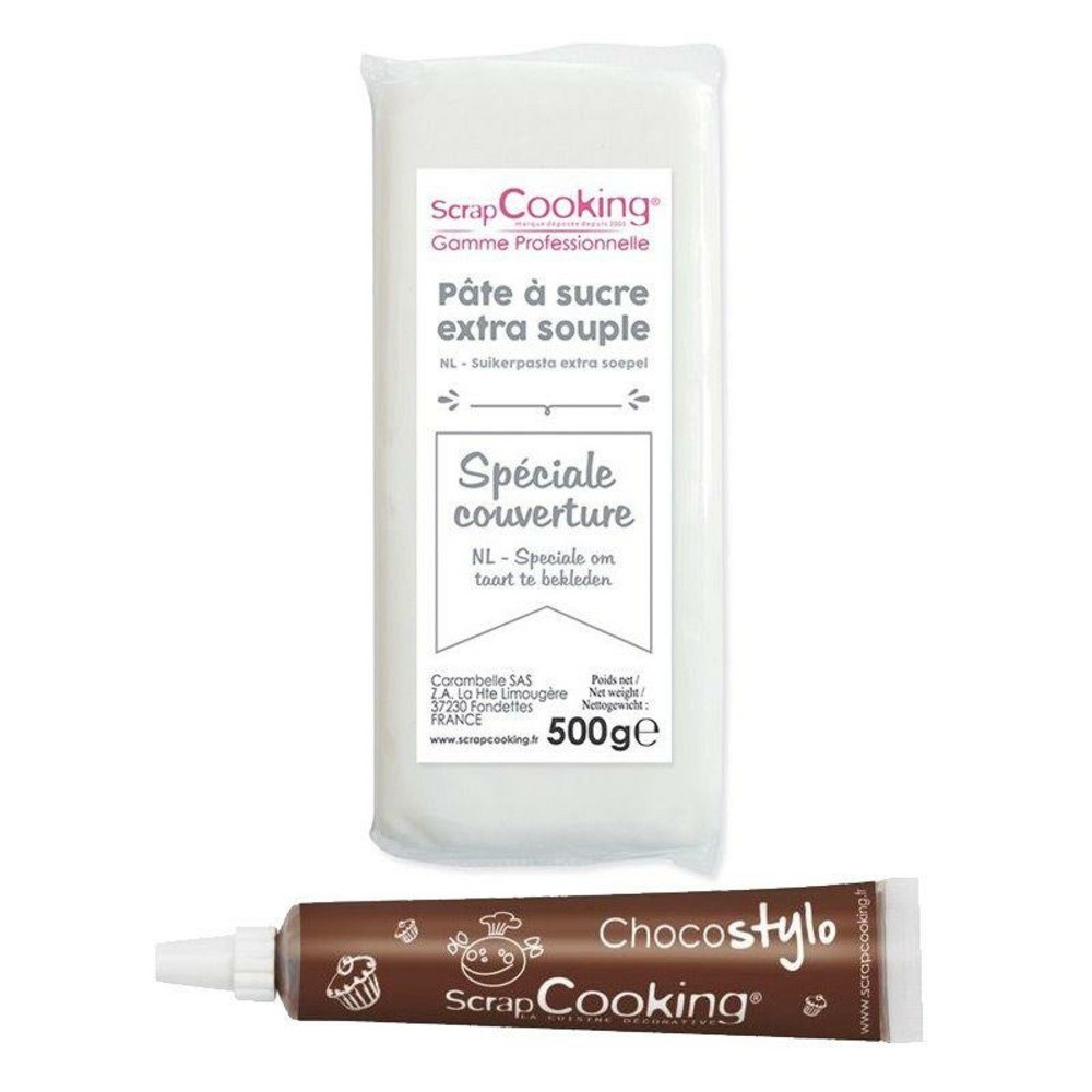Pâte à sucre de couverture blanche 500 g + 1 stylo chocolat