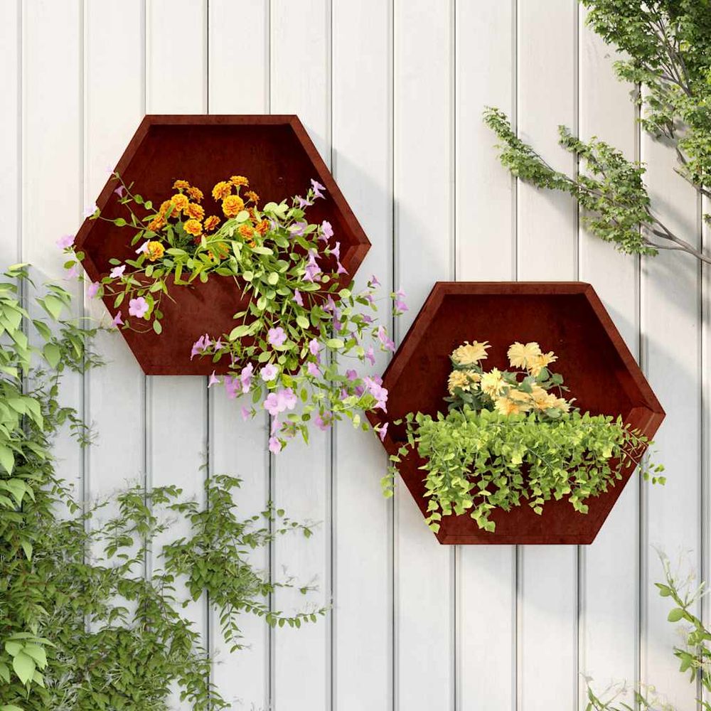 Lot de 2 grandes jardinières murales acier corten effet rouillé 46x10x40 cm