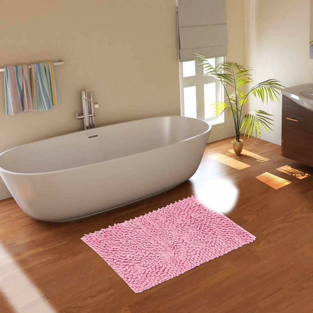 Tapis de salle de bain fait main bouclette rose 50x80 en coton