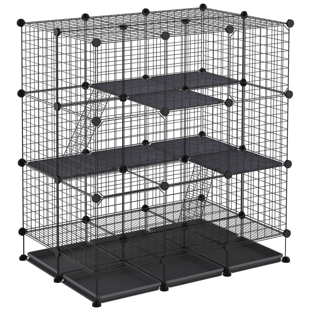 Parc modulable rongeurs métal 3 niveaux rampes 4 portes plateaux amovibles 111x75x119cm noir