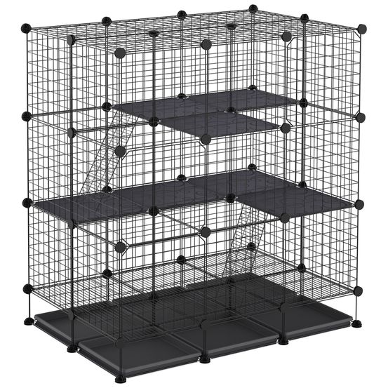 Parc modulable rongeurs métal 3 niveaux rampes 4 portes plateaux amovibles 111x75x119cm noir