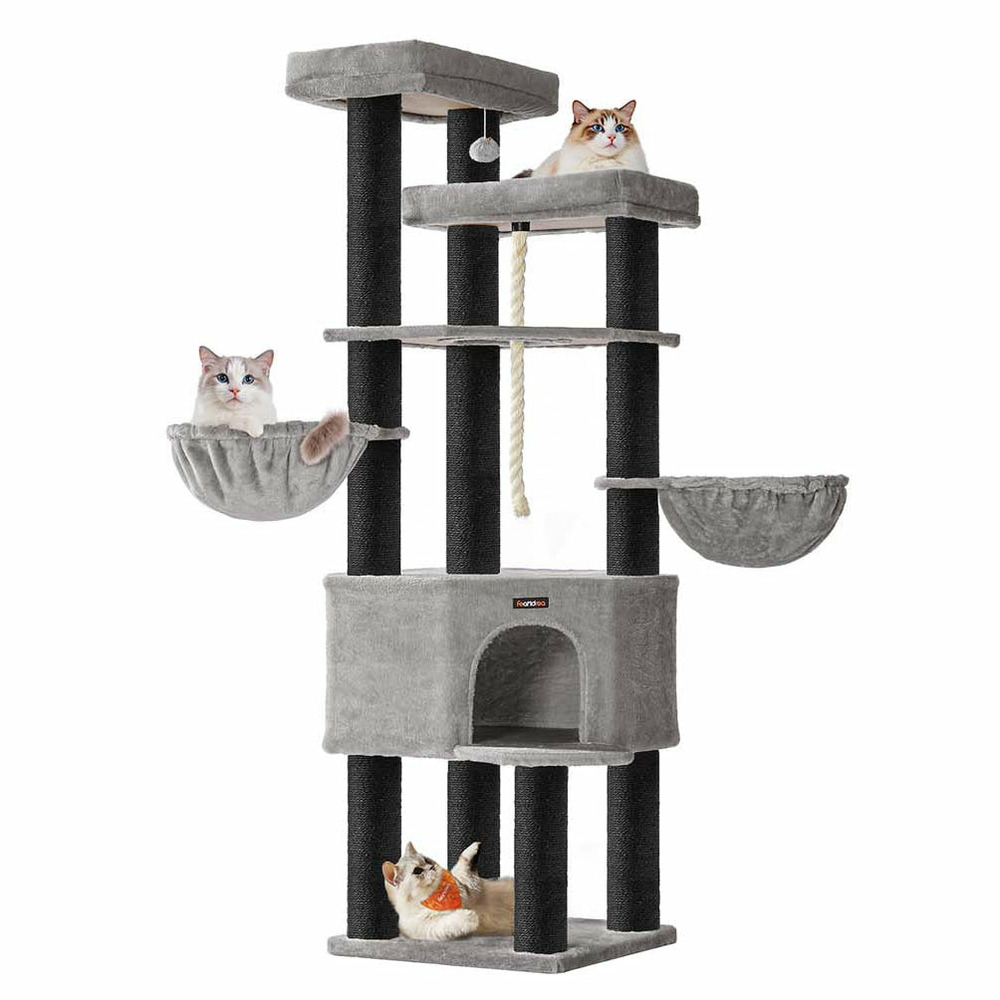 Grand arbre à chat tour de jeux pour chat à plusieurs niveaux 55 x 55 x 186,7 cm poteaux en sisal de 11 cm de diamètre gris 1