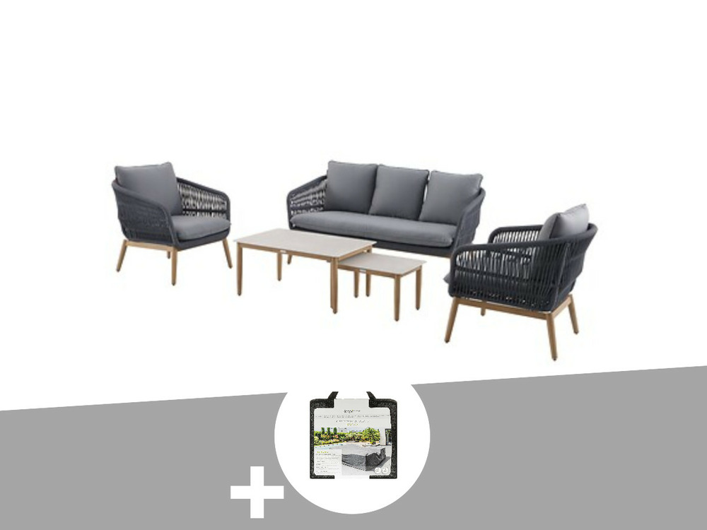 Salon de jardin alu effet bois brossé orissa gris + housse - 5 places