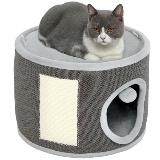 Niche à chat 2 niveaux en feutrine avec coussins et griffoir sisal 40x30cm gris