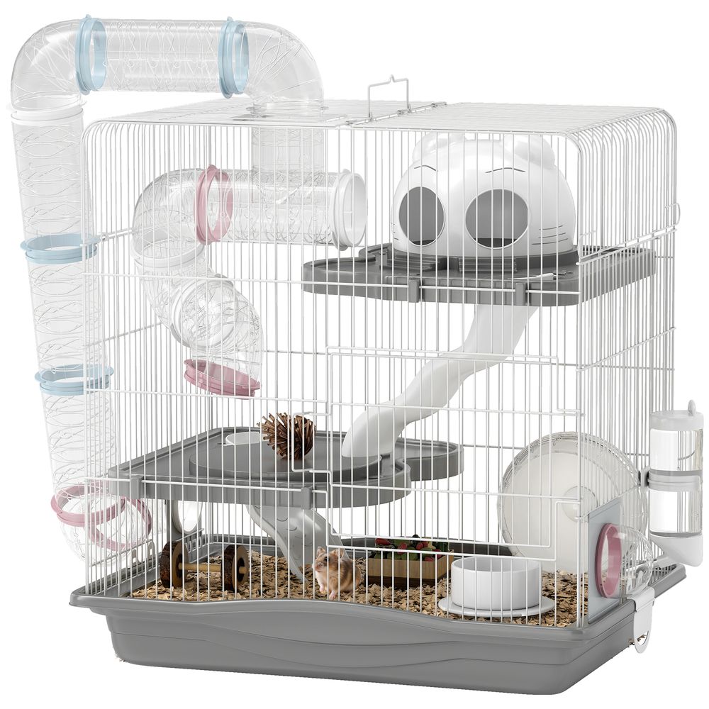 Cage hamster métal 3 niveaux tubes transparents modulables 45x30x45cm gris