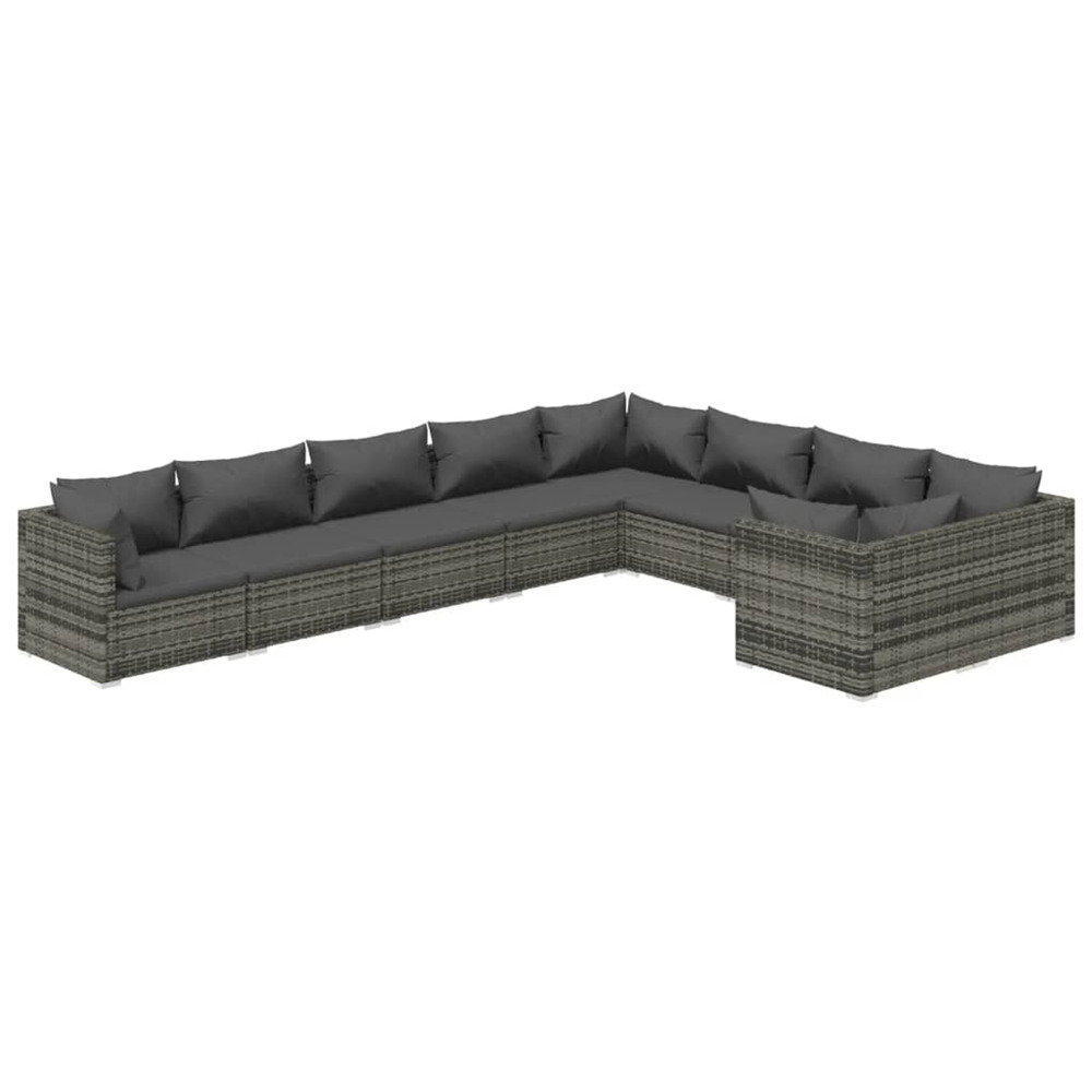 Salon de jardin 9 pcs avec coussins résine tressée gris